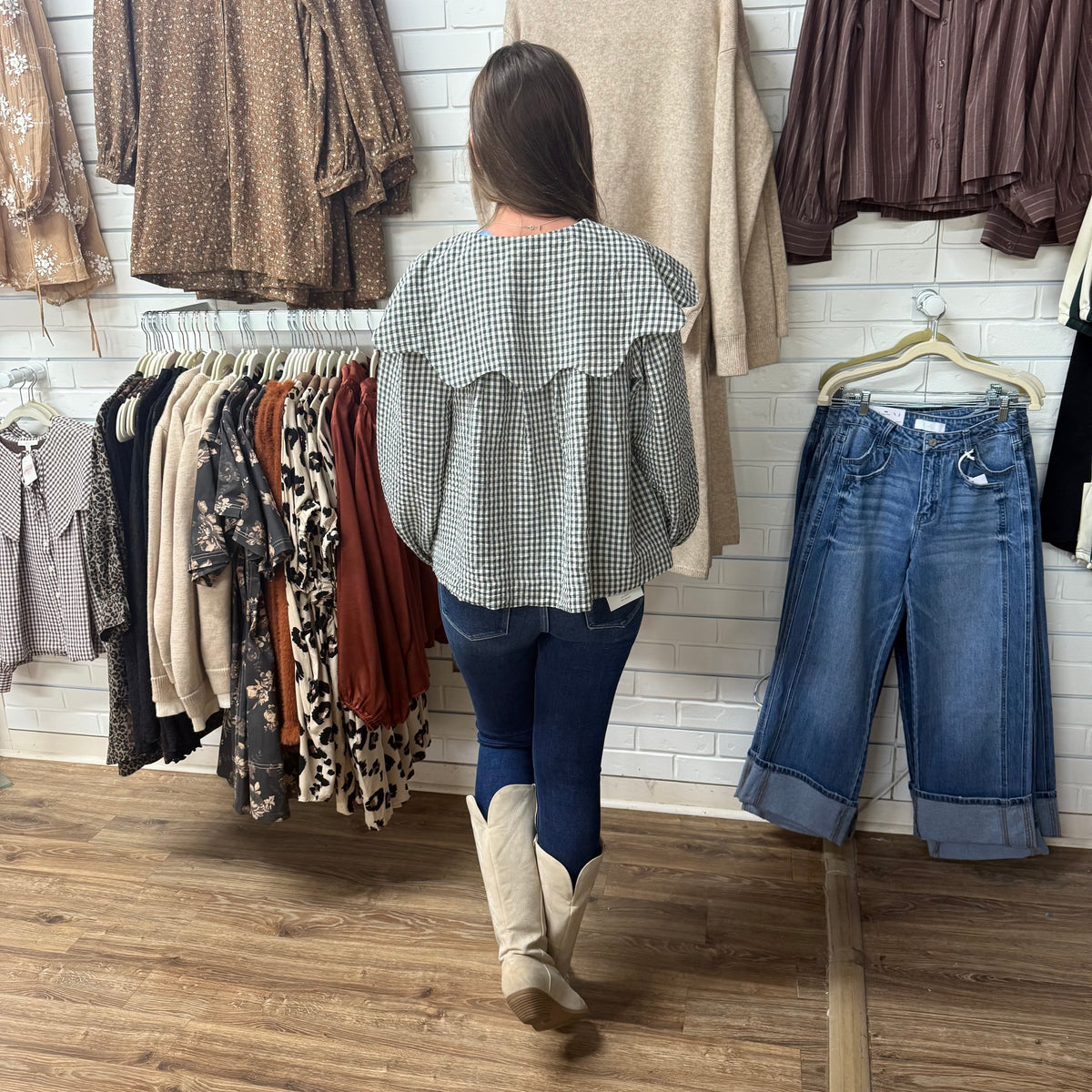 GREEN GINGHAM PETER PAN COLLAR TOP