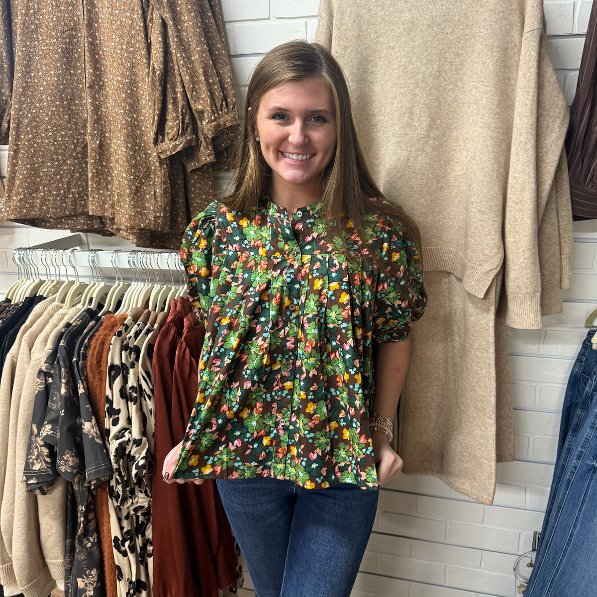 BROWN FLORAL PLEAT TOP