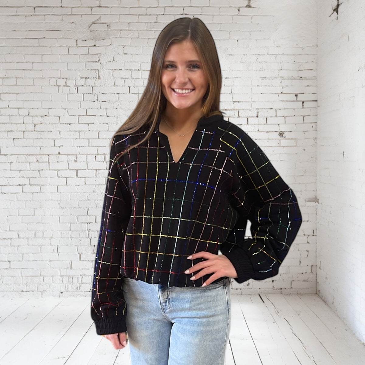 BLACK MULTI RHINESTONE PLAID SWEATSHIRT