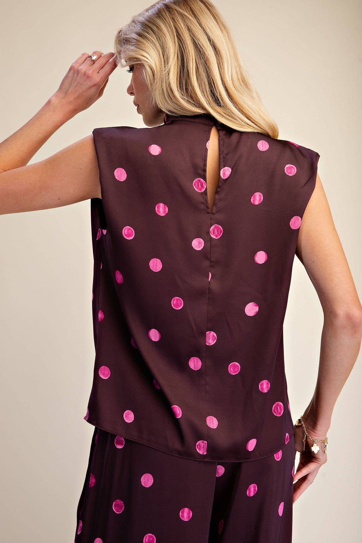PLUM COWL NECK POLKA DOT TOP