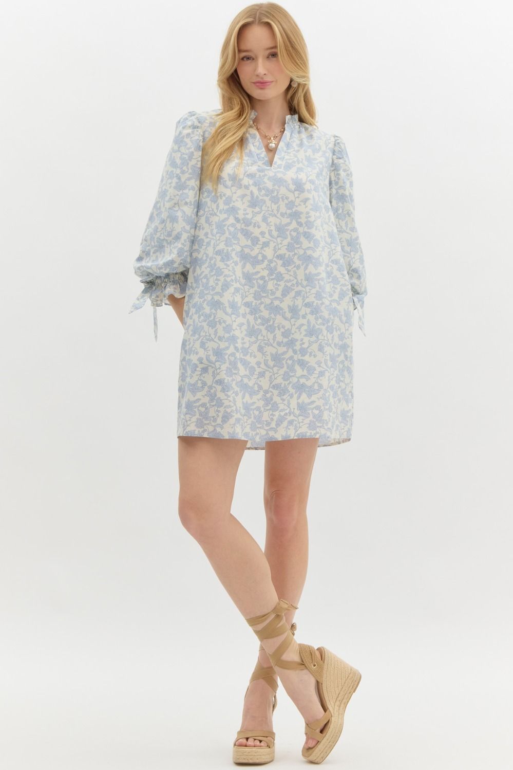 BLUE FLORAL ELASTIC PUFF SLV DRESS