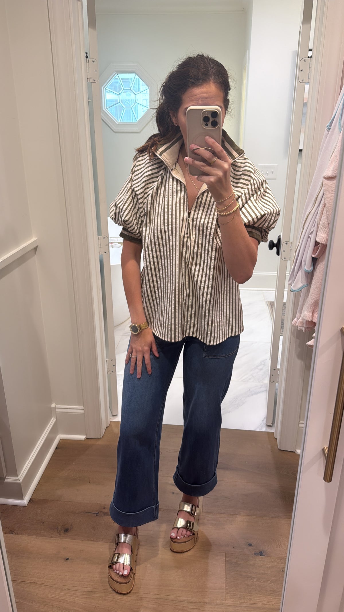 OLIVE STRIPED HALF ZIP ACCENT BAND TOP