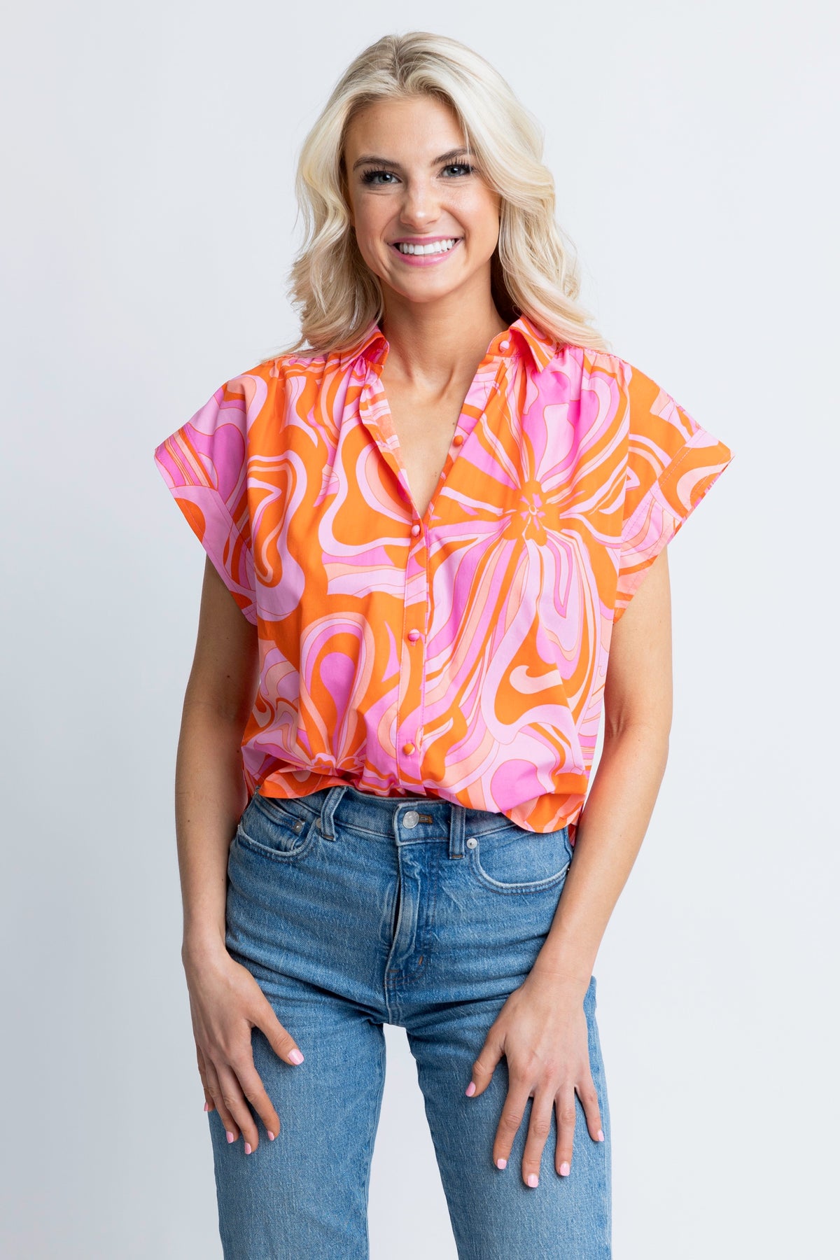 PINK FLORAL BUTTON CAP SLV TOP