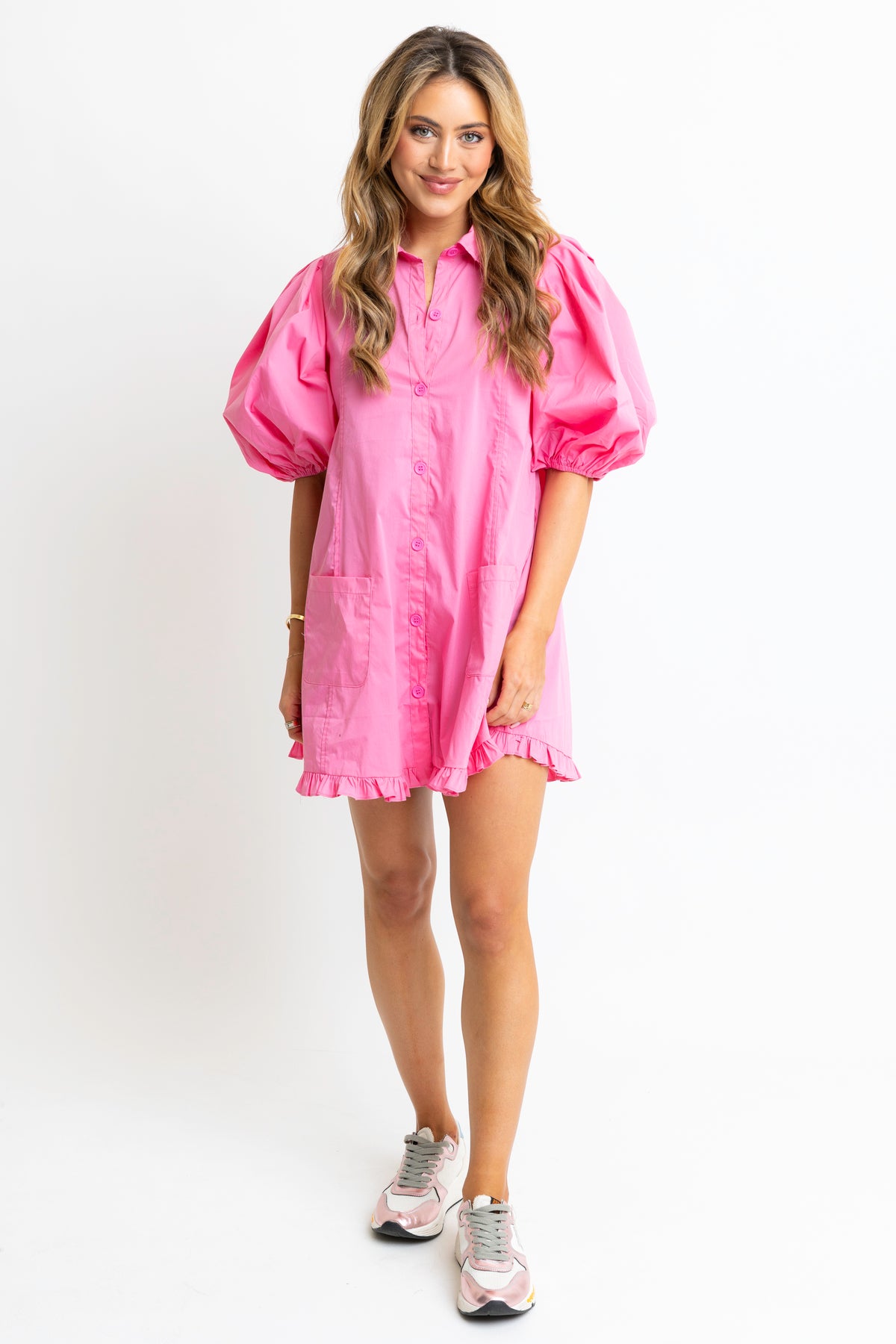 PINK PUFF SLV RUFFLE DRESS
