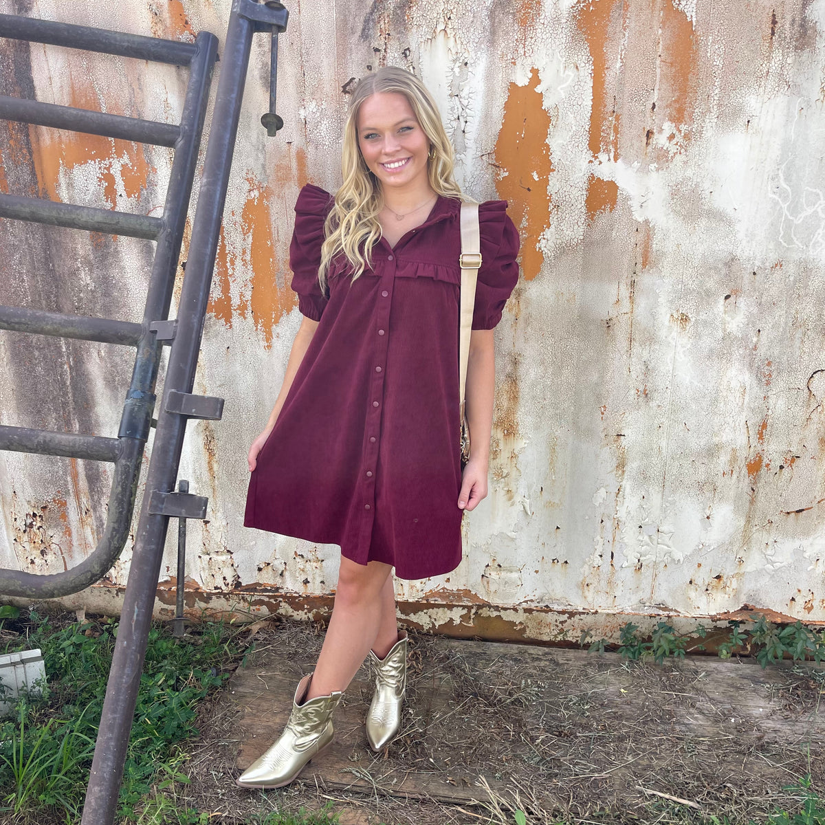 BURGUNDY CORDUROY PUFF SLV DRESS