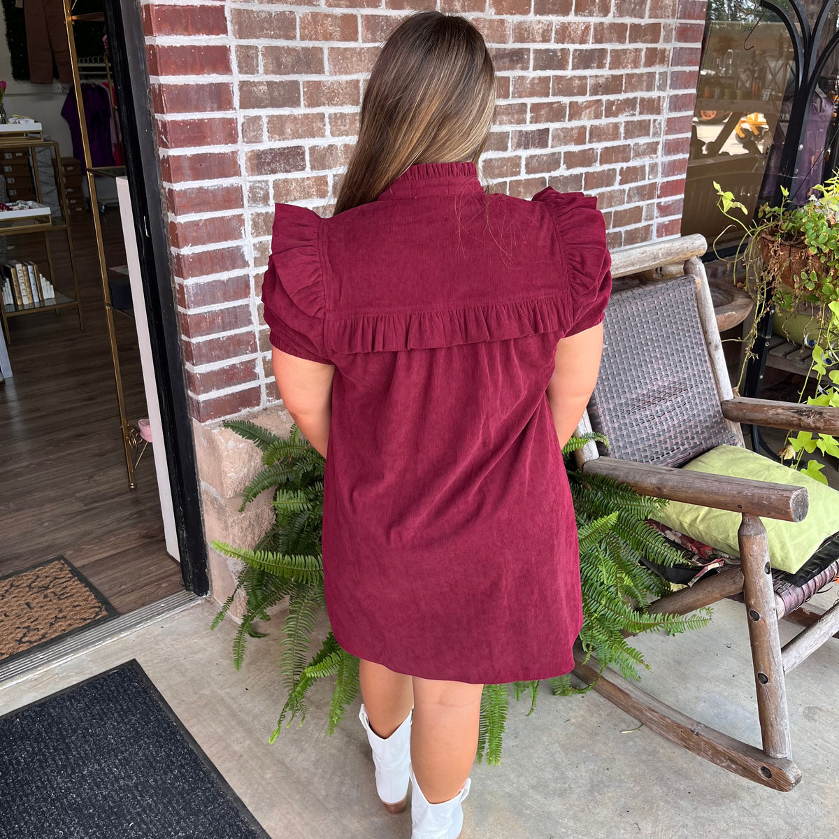BURGUNDY CORDUROY PUFF SLV DRESS