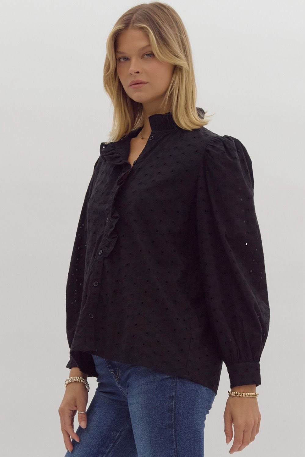 BLACK EYELET RUFFLE BUTTON BLOUSE