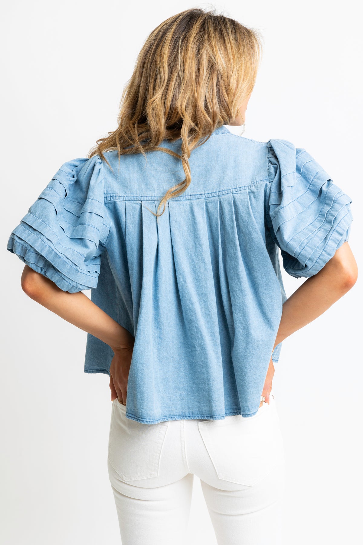 DENIM NOVELTY PLEAT TOP