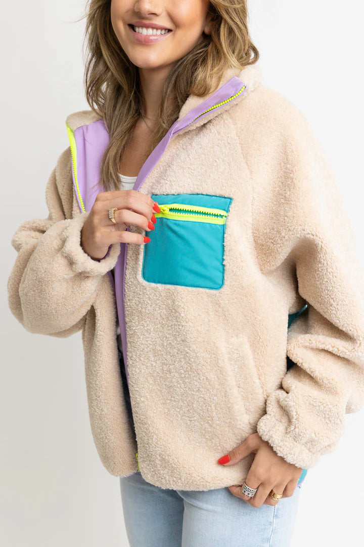 IVORY RETRO COLOR-BLOCK FLEECE JACKET