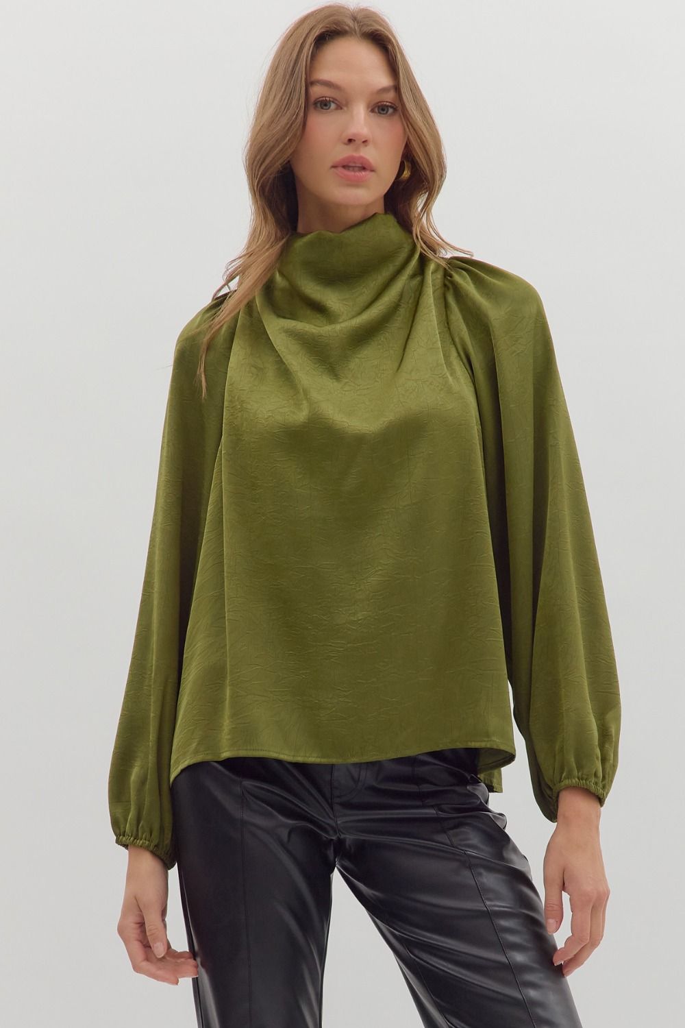 OLIVE DRAPED MOCK NECK TOP