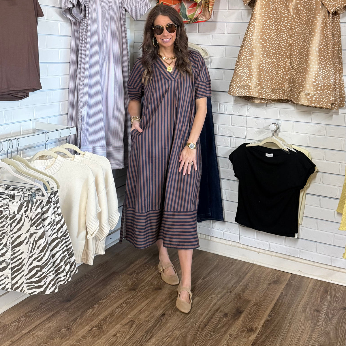 NAVY BROWN STRIPE MIDI DRESS