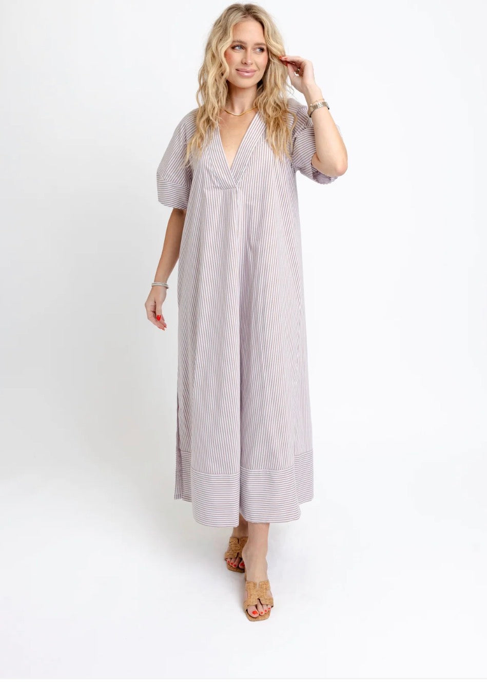 BROWN STRIPE POPLIN SIGNATURE MAXI