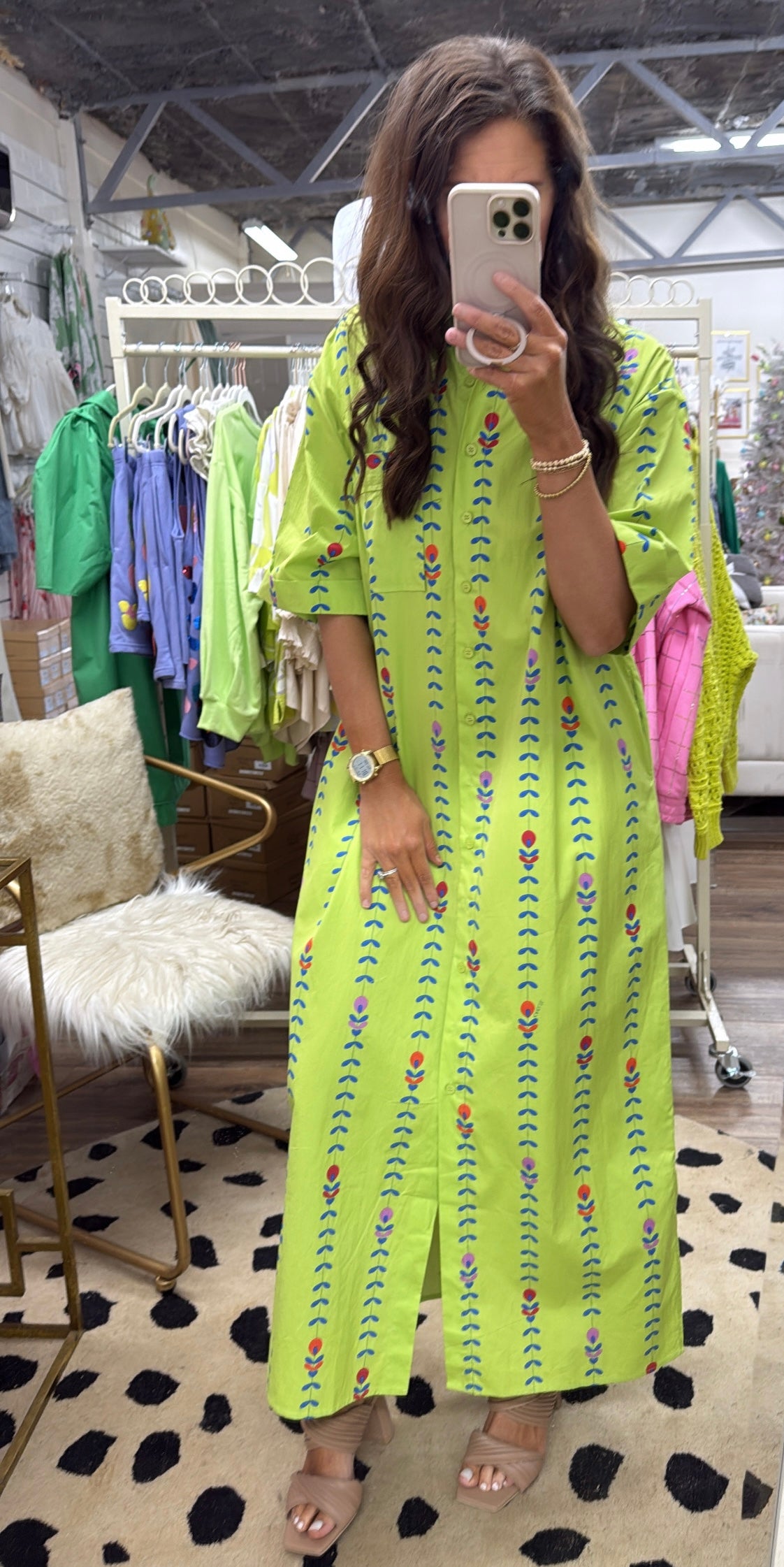 LIME FLORAL VINE MAXI SHIRT DRESS
