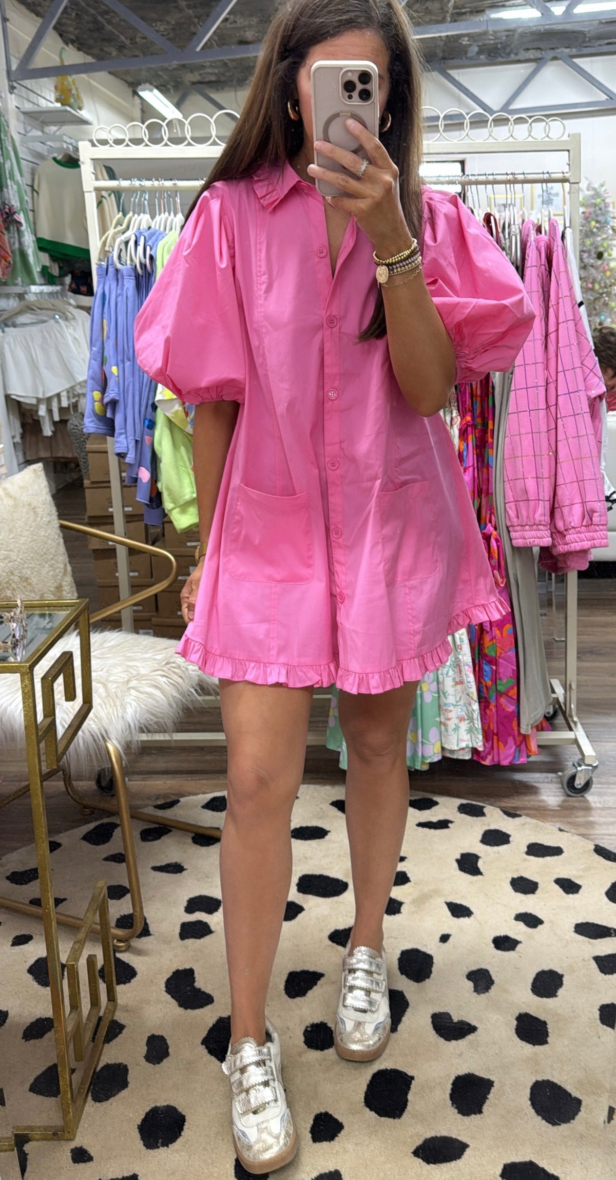 PINK PUFF SLV RUFFLE DRESS