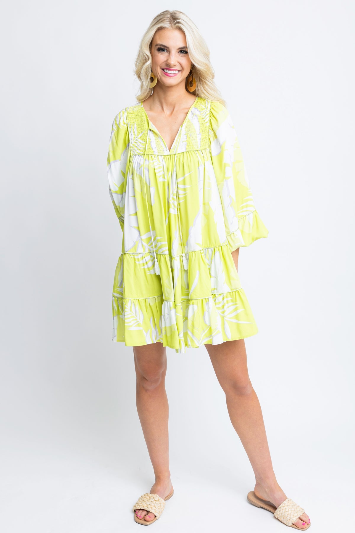 LIME PALM TROPICAL SMOCK TIER DRESS