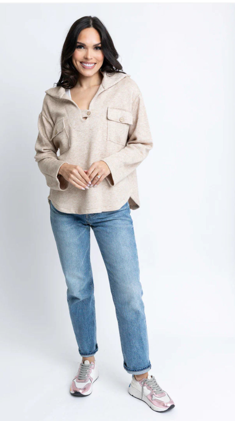 OATMEAL FLEECE COLLAR TOP