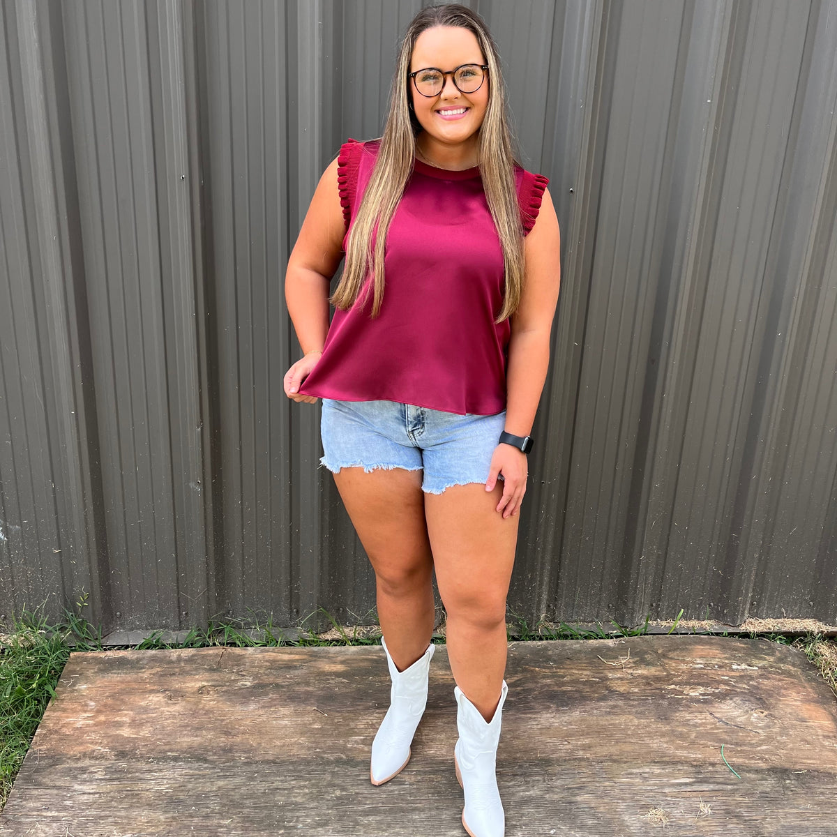 MAROON RUFFLE RIBBED SATIN TANK