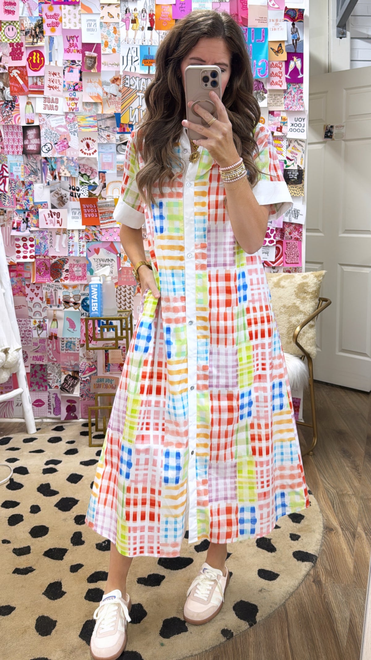 BRIGHT PLAID COLLARED BUTTON MIDI