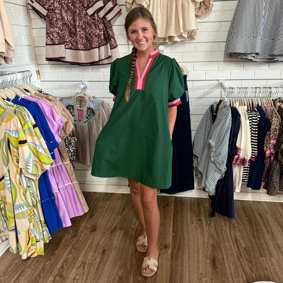 GREEN MULTI COLORED ACCENT DRESS