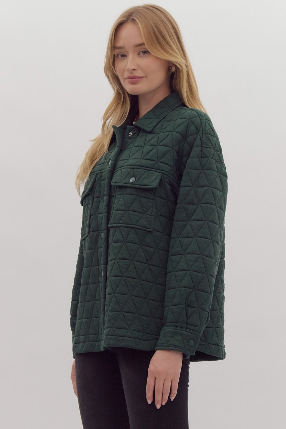 GREEN QUILTED LONG SLV SHACKET