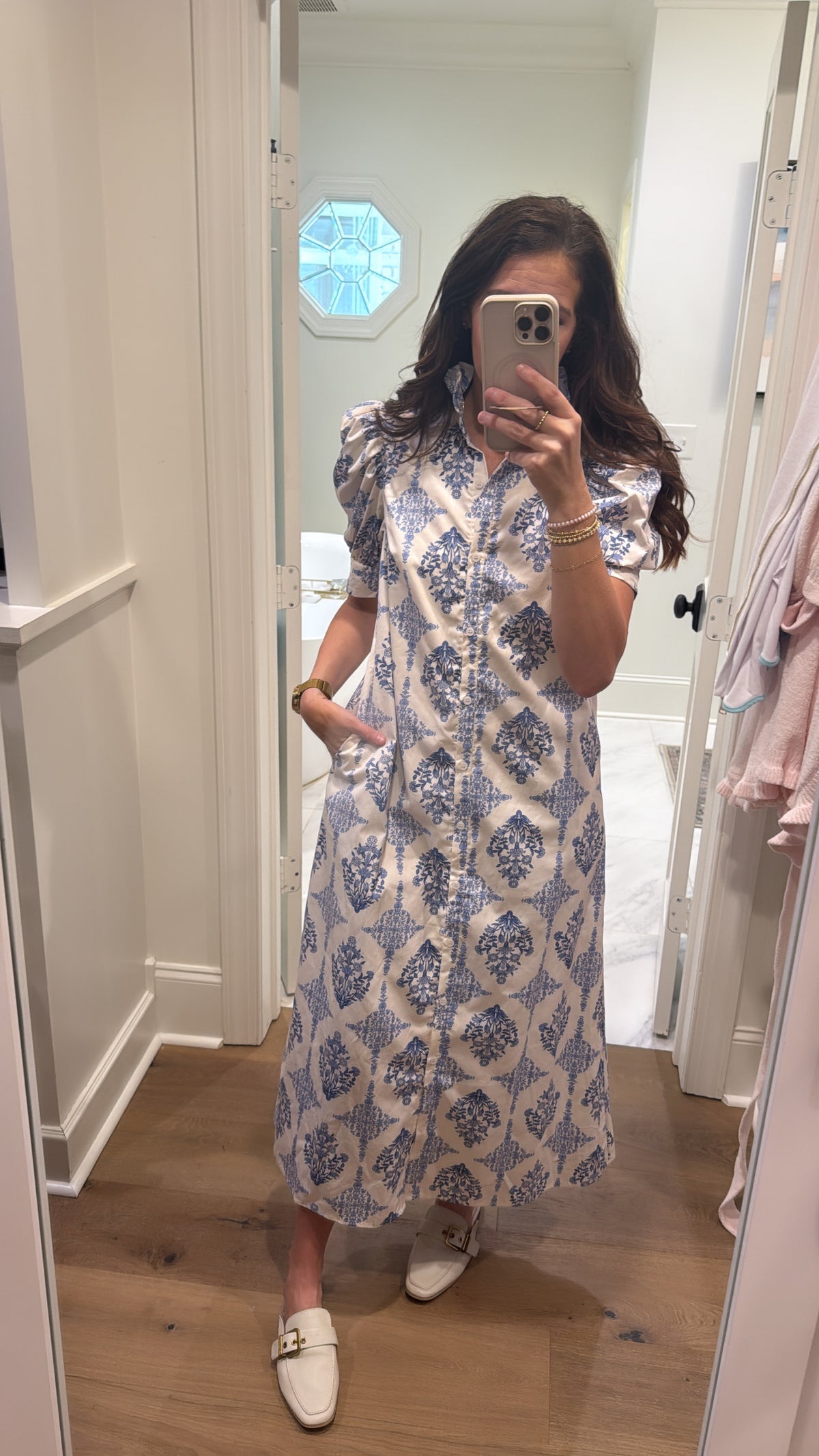 BLUE FRENCH VINTAGE FLORAL MAXI SHIRT DRESS