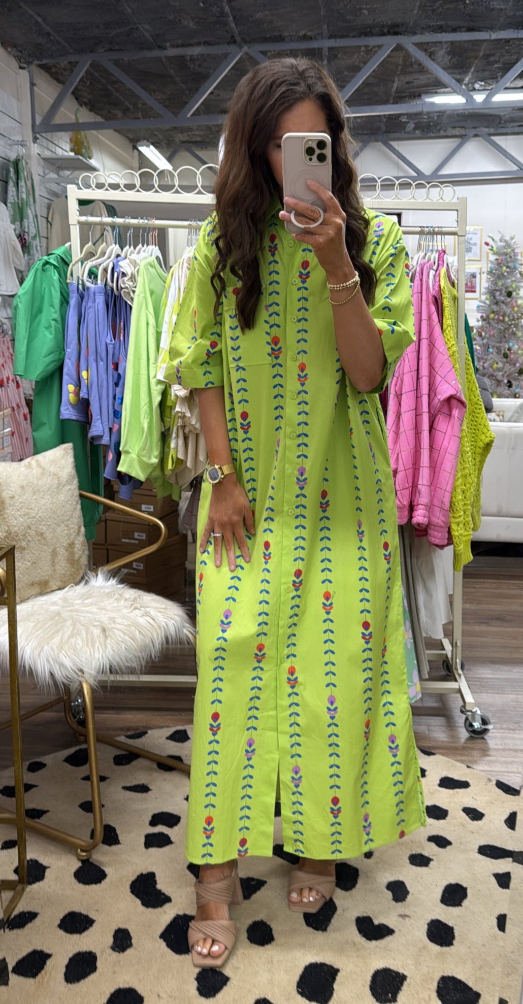 LIME FLORAL VINE MAXI SHIRT DRESS