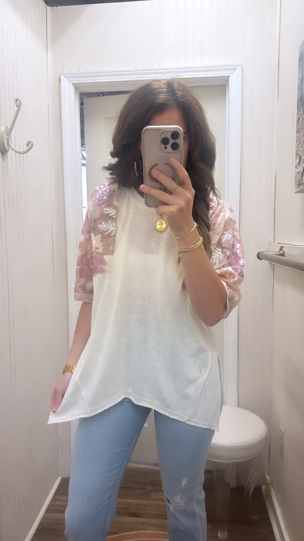 BLUSH BLOOM SEQUI SLV TUNIC TOP