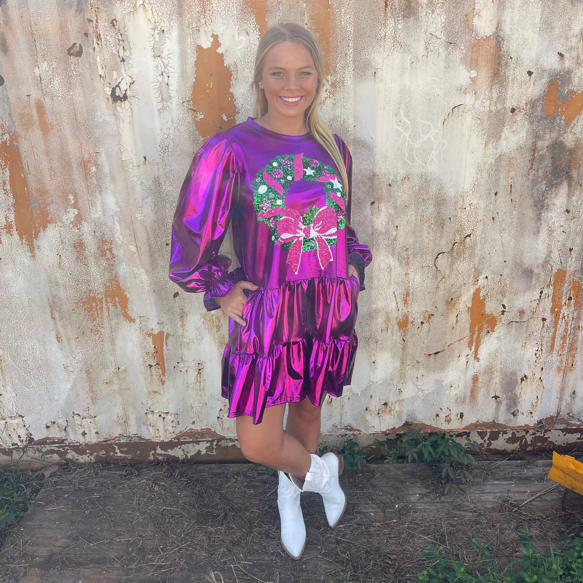 MAGENTA FOIL SEQUIN WREATH DRESS