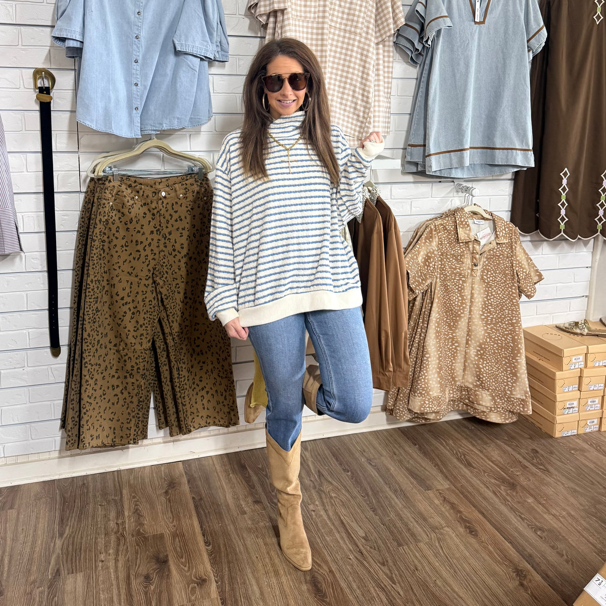 DENIM STRIPE MOCK NECK TOP