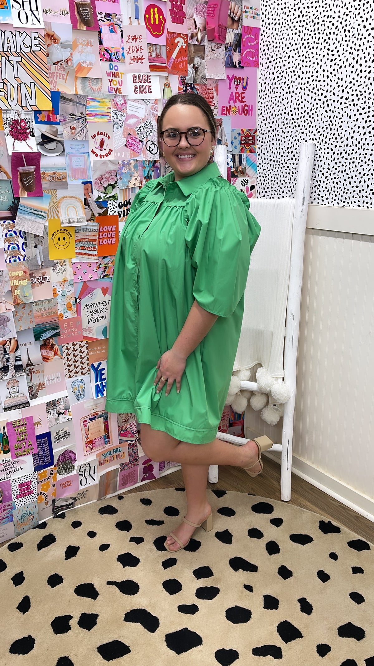 GREEN RUFFLE COLLARED POPLIN DRESS