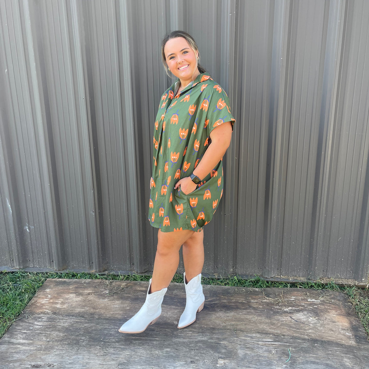 OLIVE POPPY COLLAR POPLIN DRESS