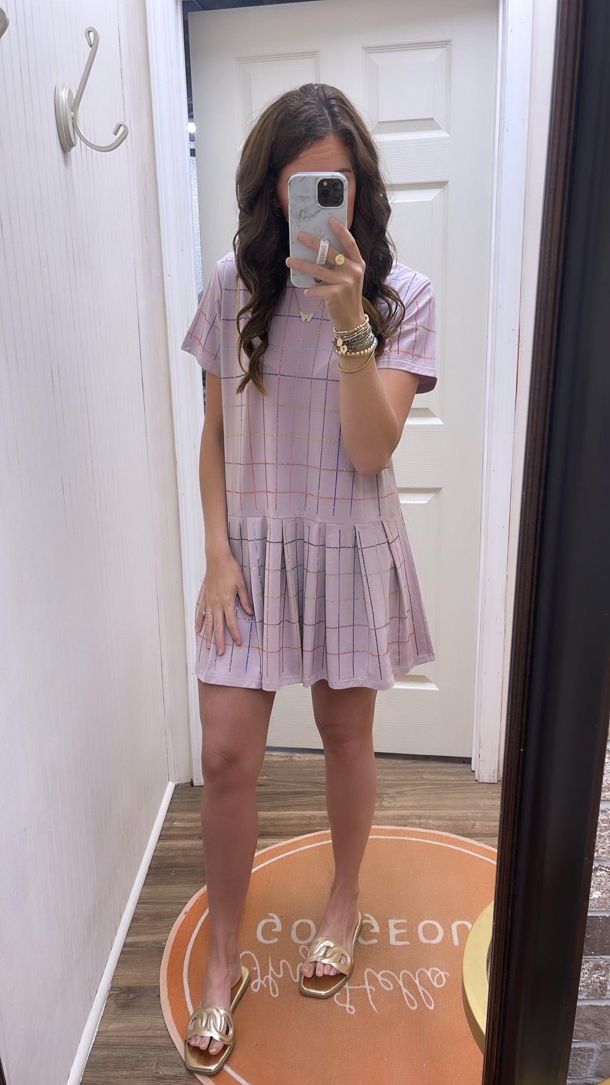 QOS PINK RHINESTONE PLAID TEE DRESS