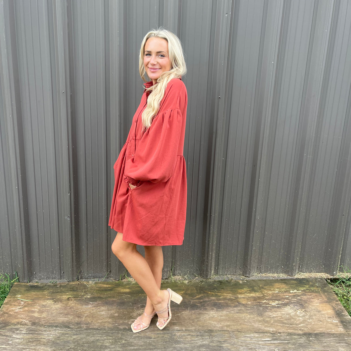 RUST TEXTURE COLLARED BUTTON DRESS
