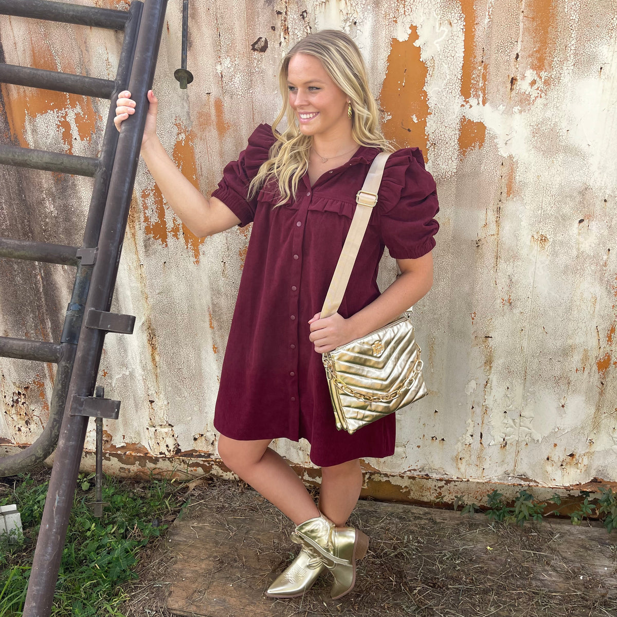 BURGUNDY CORDUROY PUFF SLV DRESS