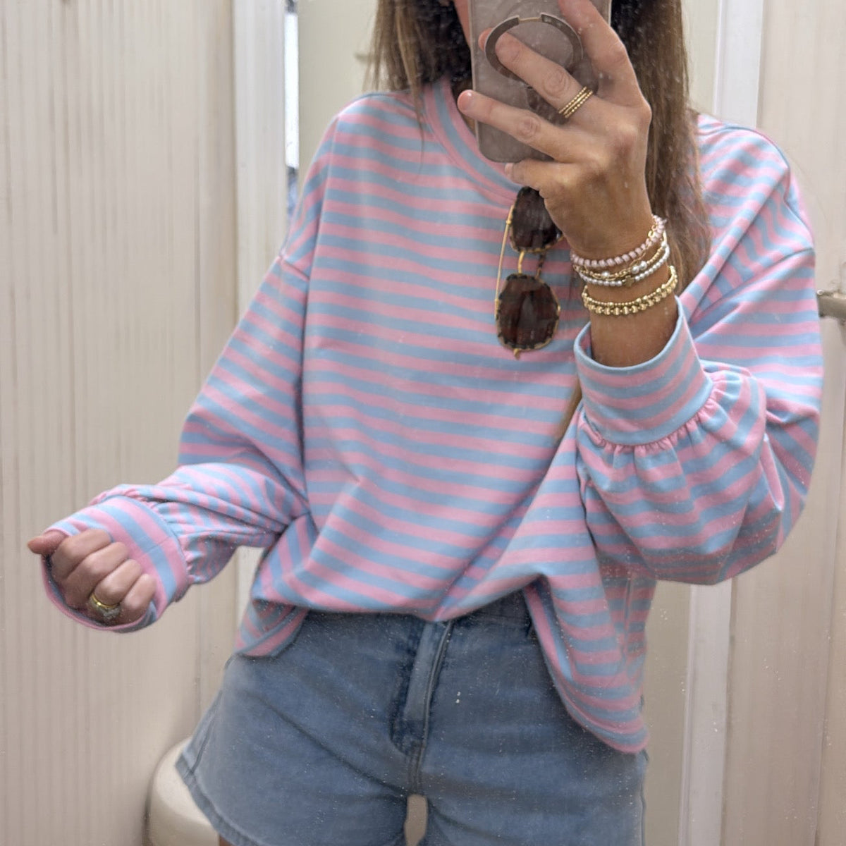 OVERSIZED PINK BLUE STRIPE CROP SHIRT