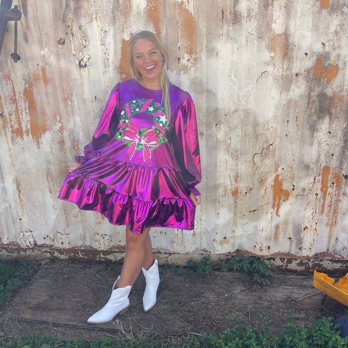 MAGENTA FOIL SEQUIN WREATH DRESS