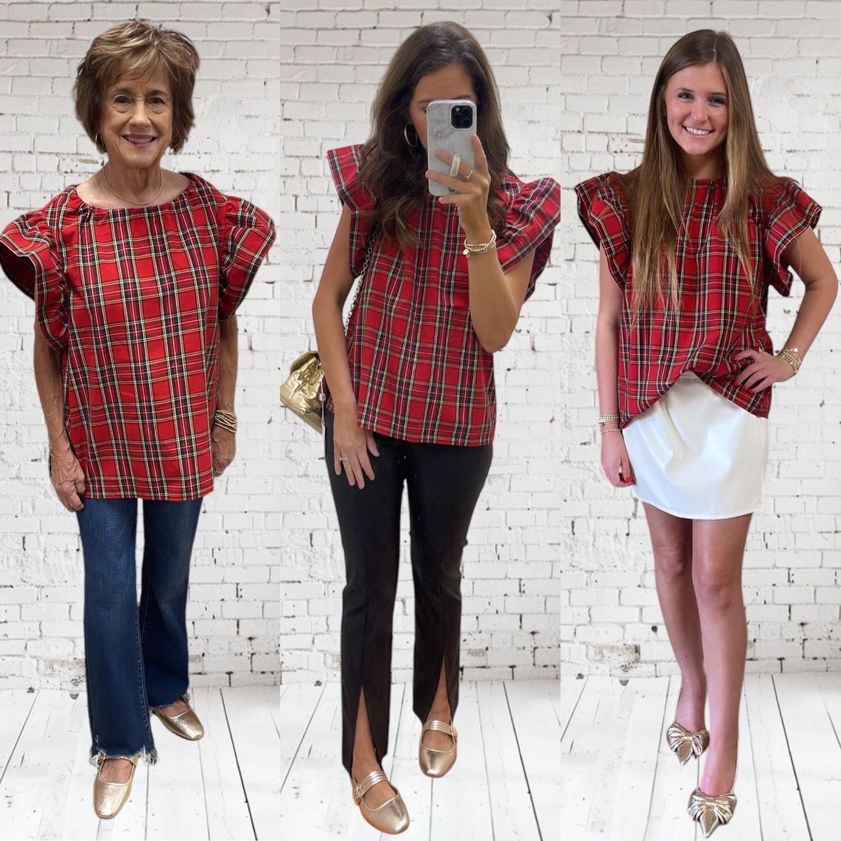 RED PLAID RUFFLED SLV TOP