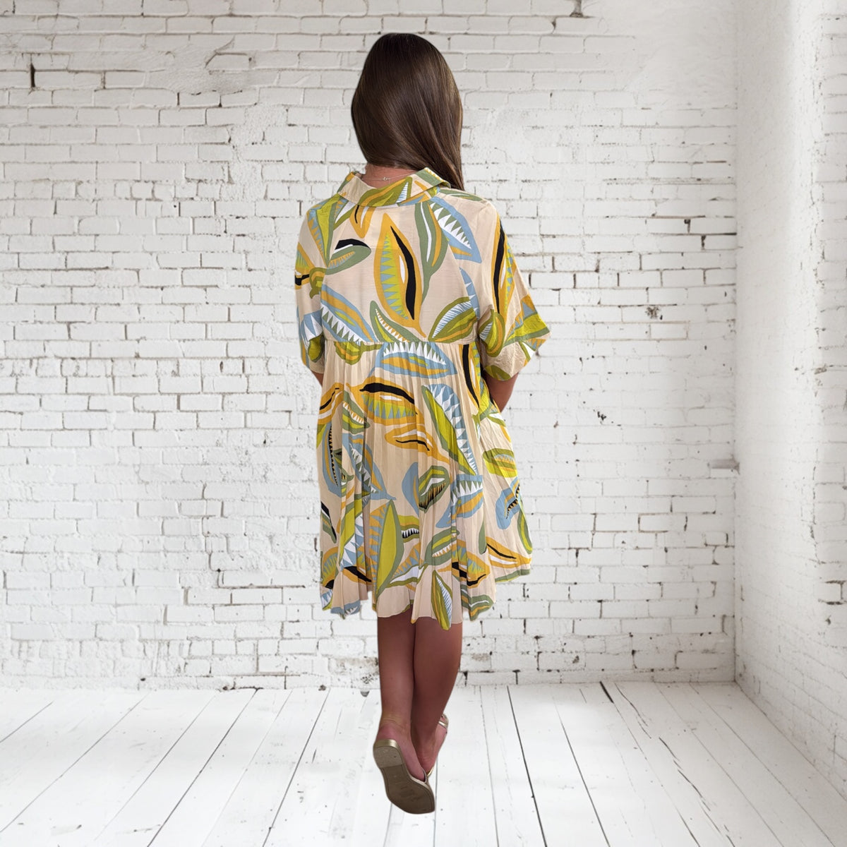 TAN ABSTRACT LEAF SHIRT DRESS