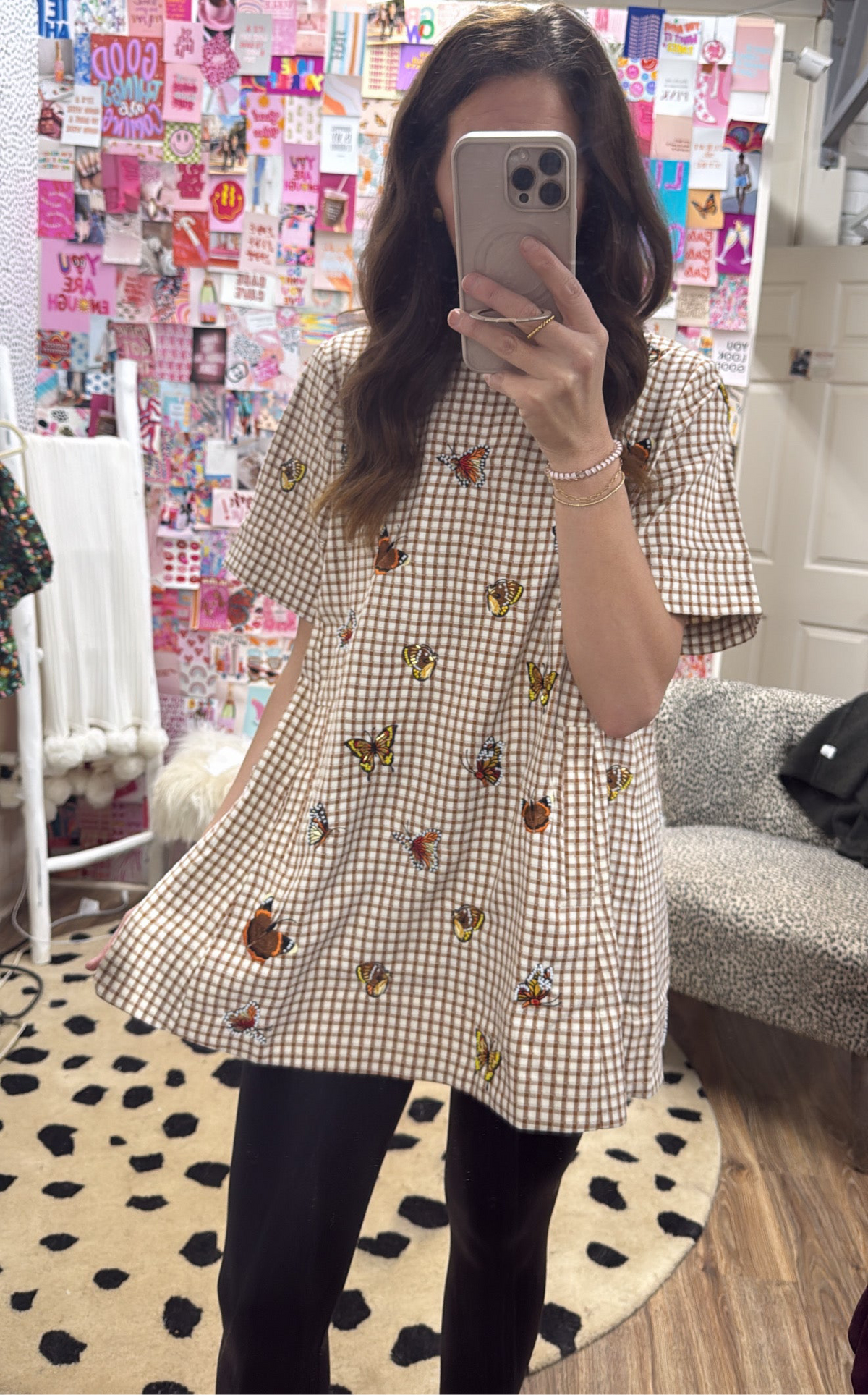 BROWN PLAID BUTTERFLY SHORT SLV DRESS
