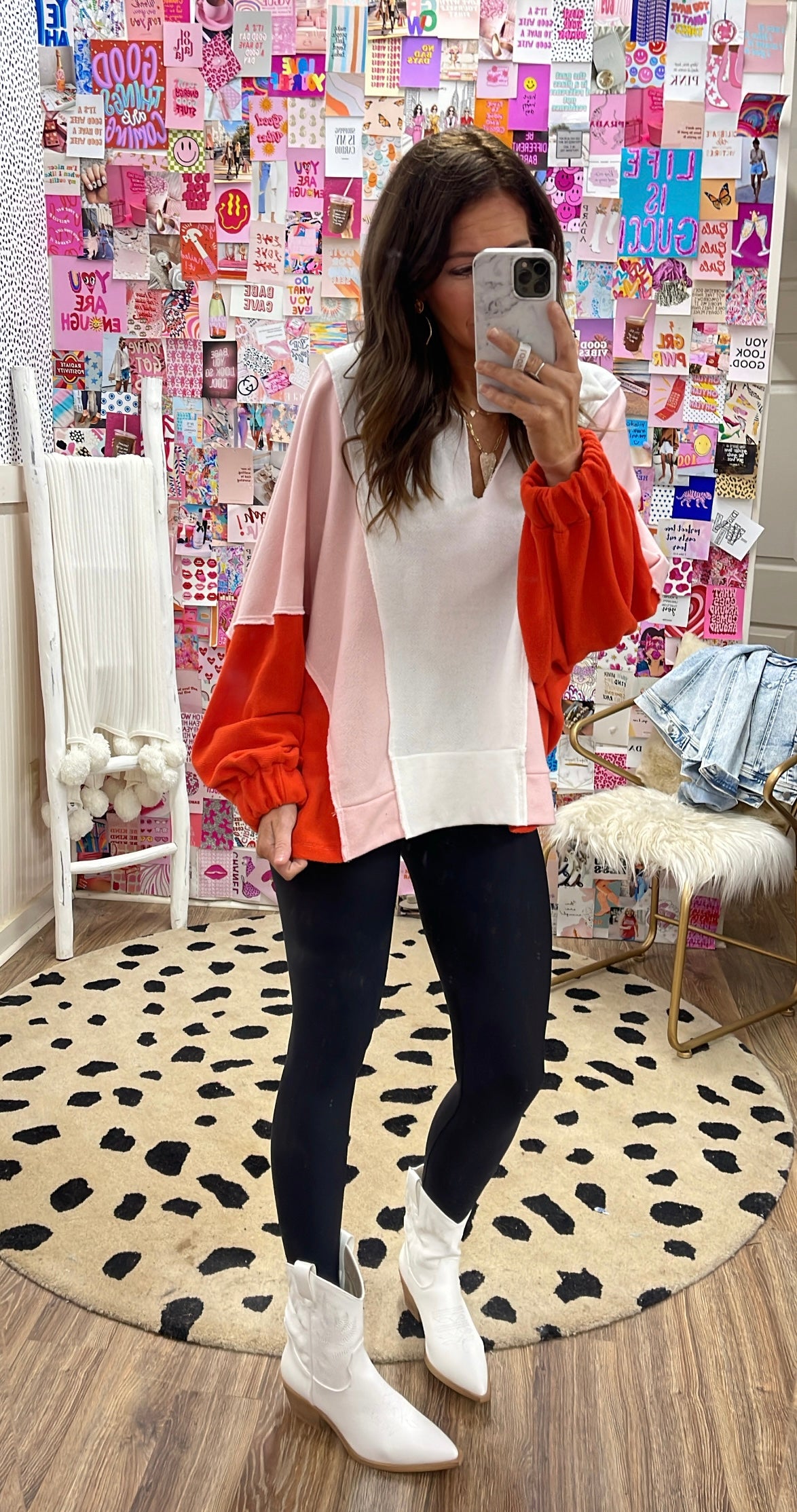 WHITE RED PINK COLLARED VNECK TOP