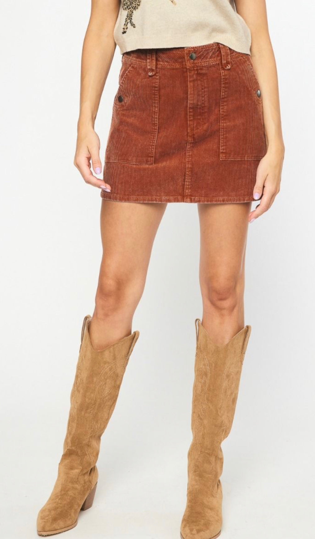 RUST CORDUROY MINI SKIRT