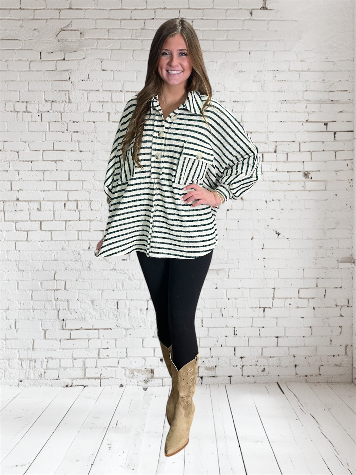 GREEN STRIPED COLLARED BUTTON POCKET TOP