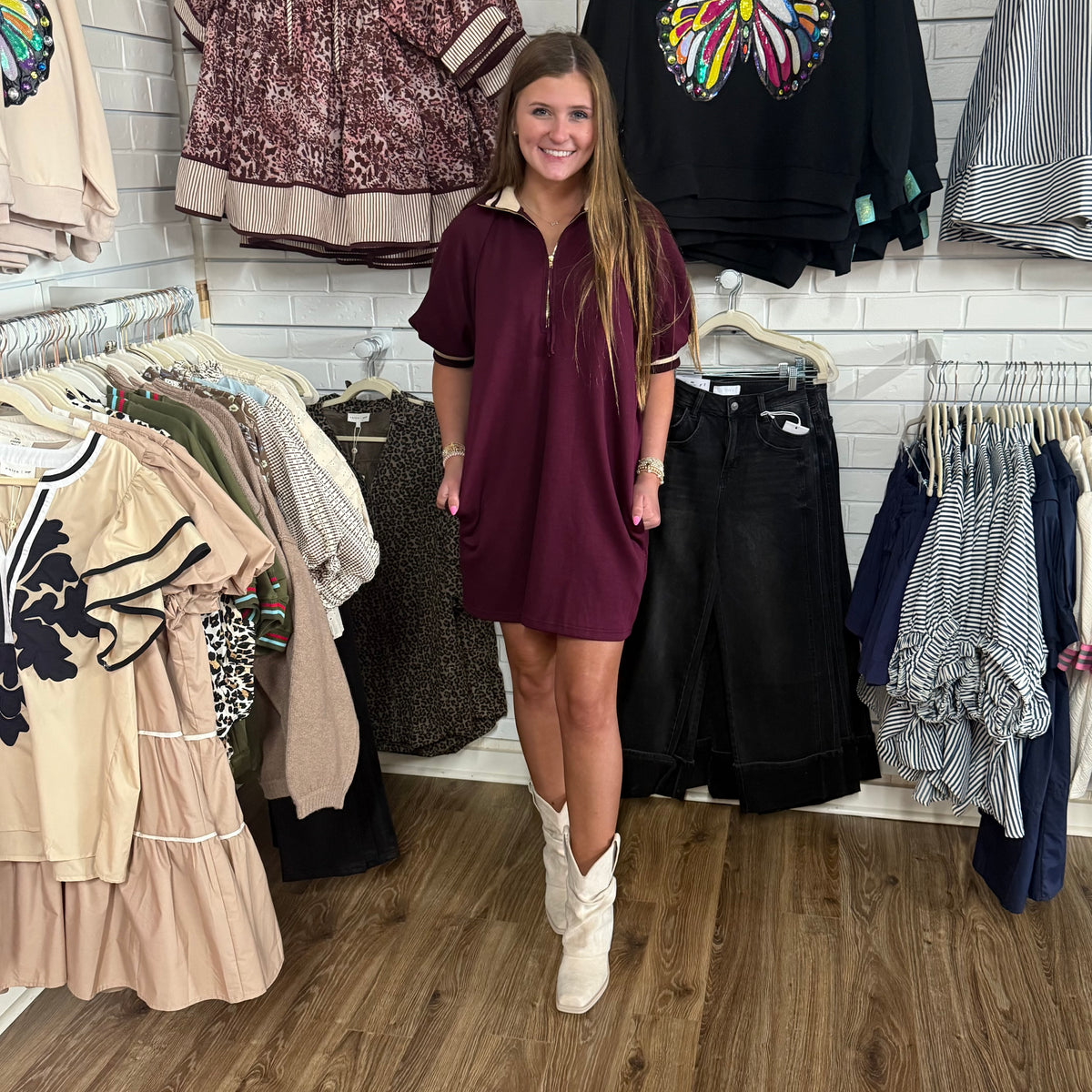 WINE RIBBED TRIM ZIP DRESS