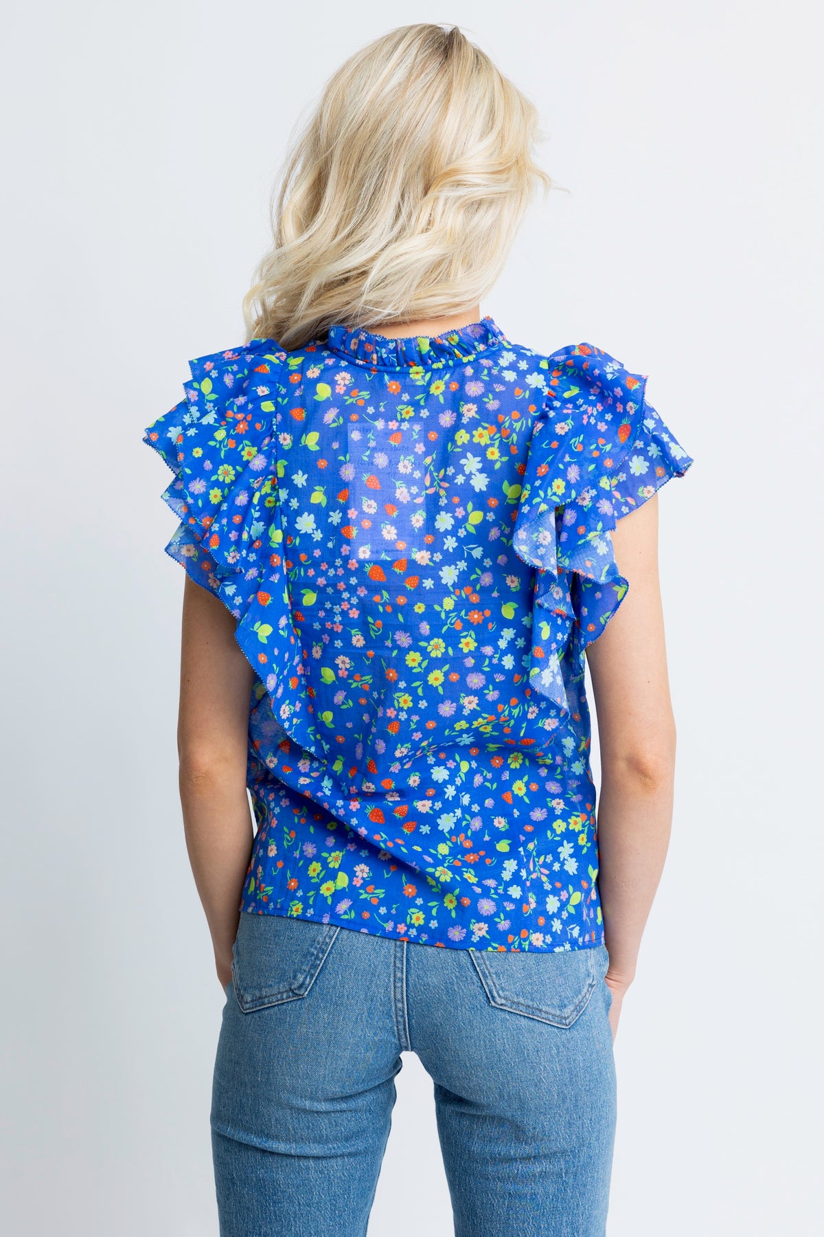 BLUE SUMMER VNECK RUFFLE TOP