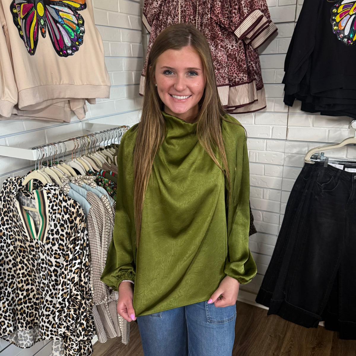 OLIVE DRAPED MOCK NECK TOP