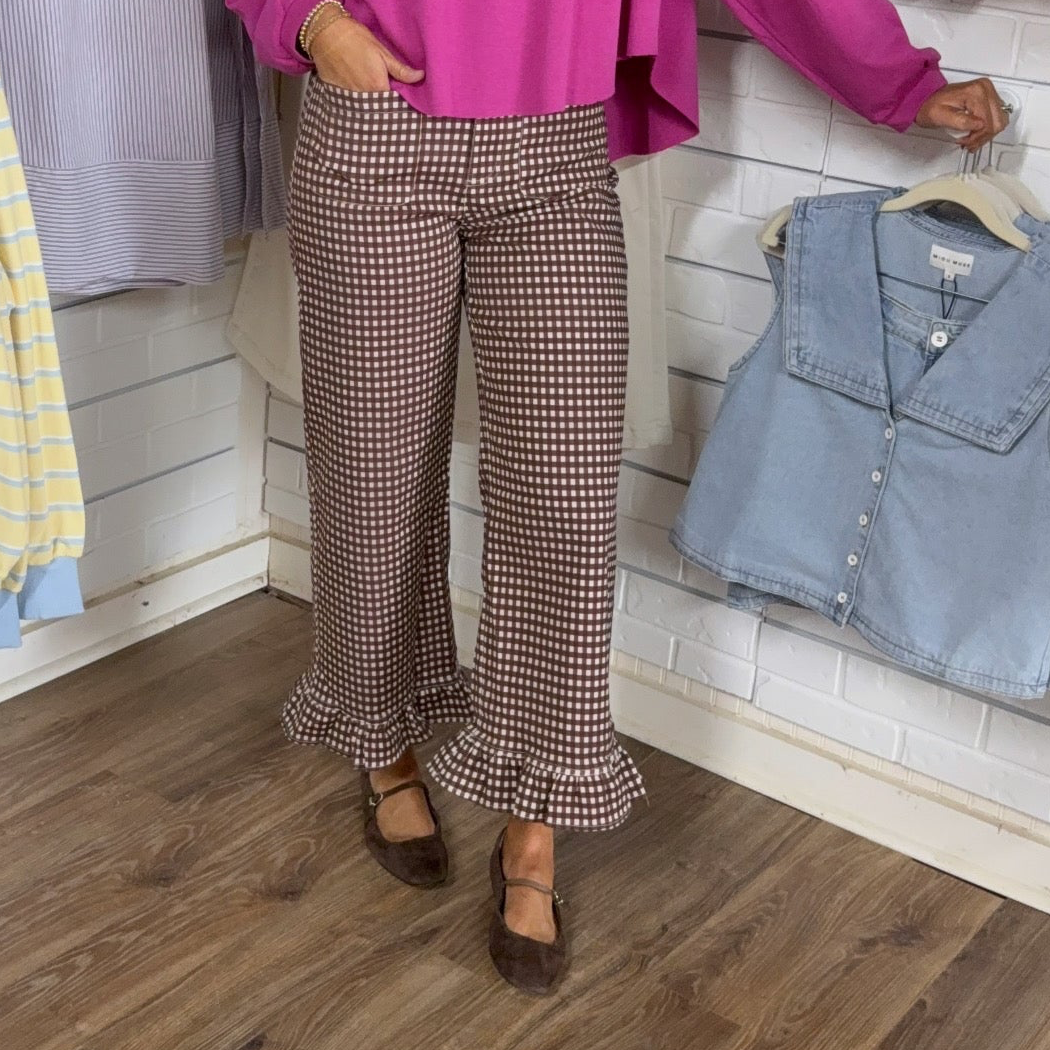 BROWN GINGHAM RUFFLE PANT