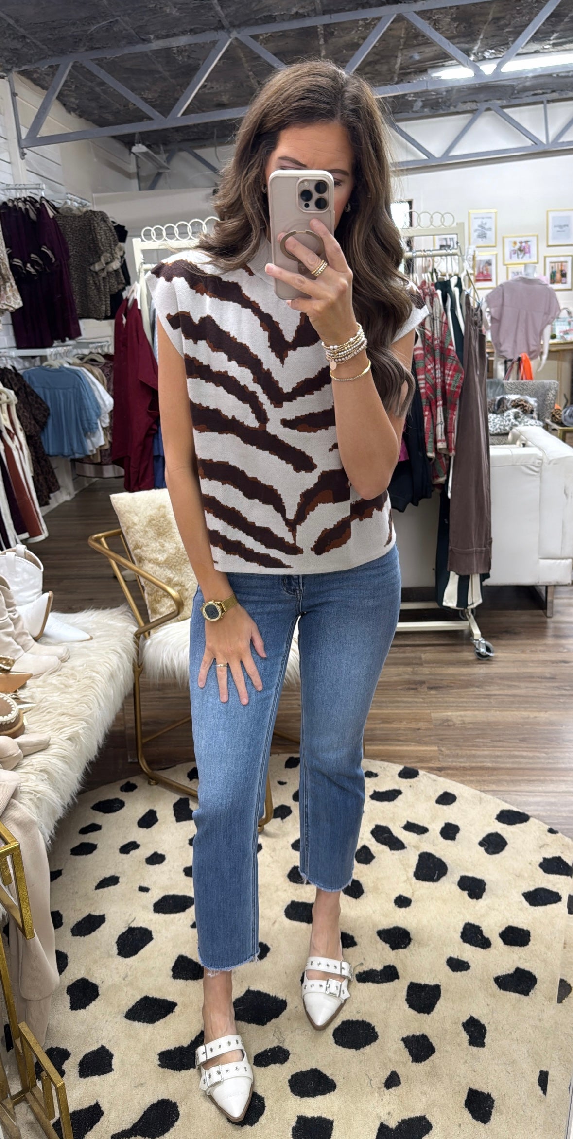 BROWN ANIMAL PRINT MOCK NK SWEATER