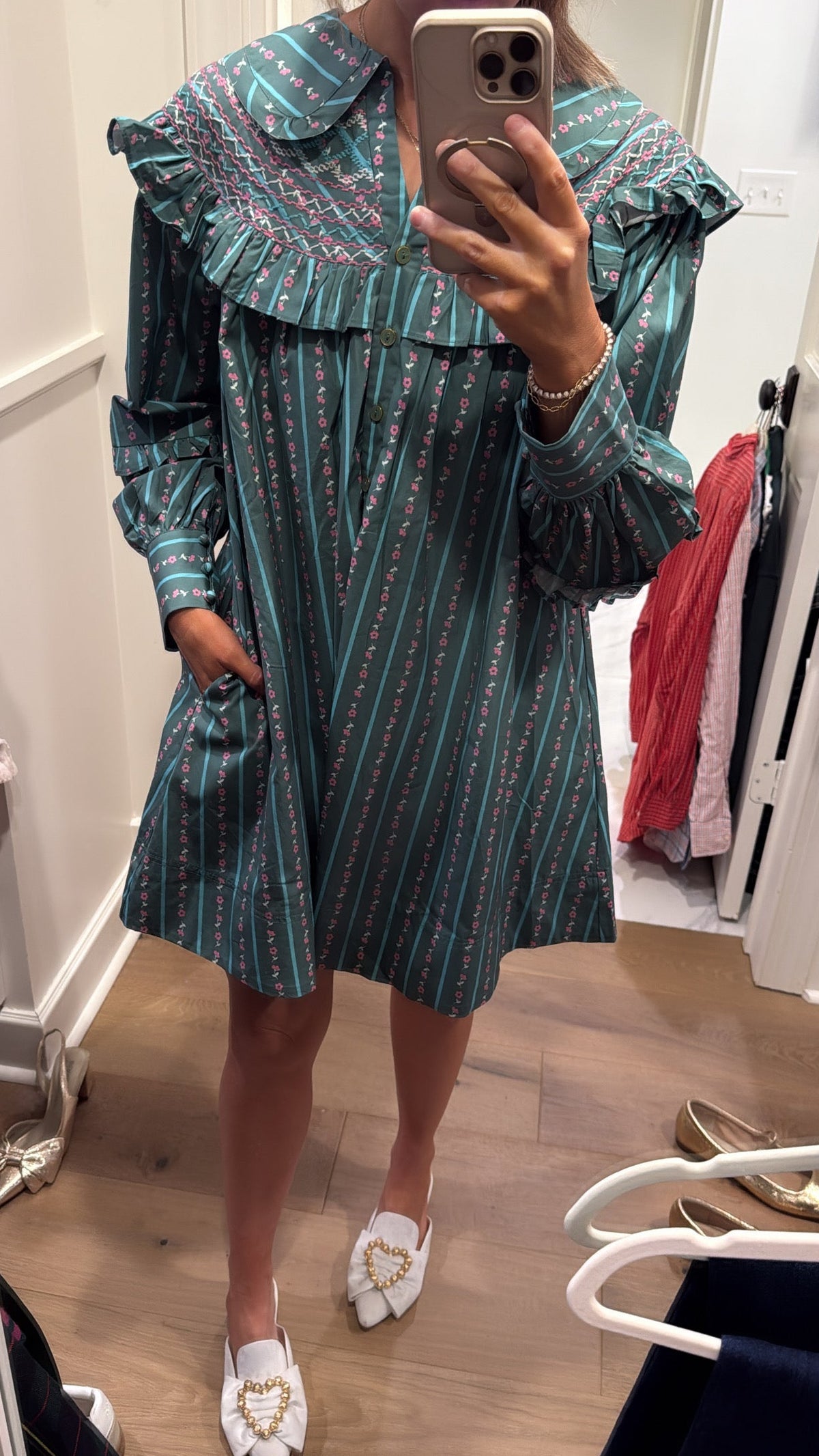 GREEN FLORAL STRIPE PETER PAN DRESS