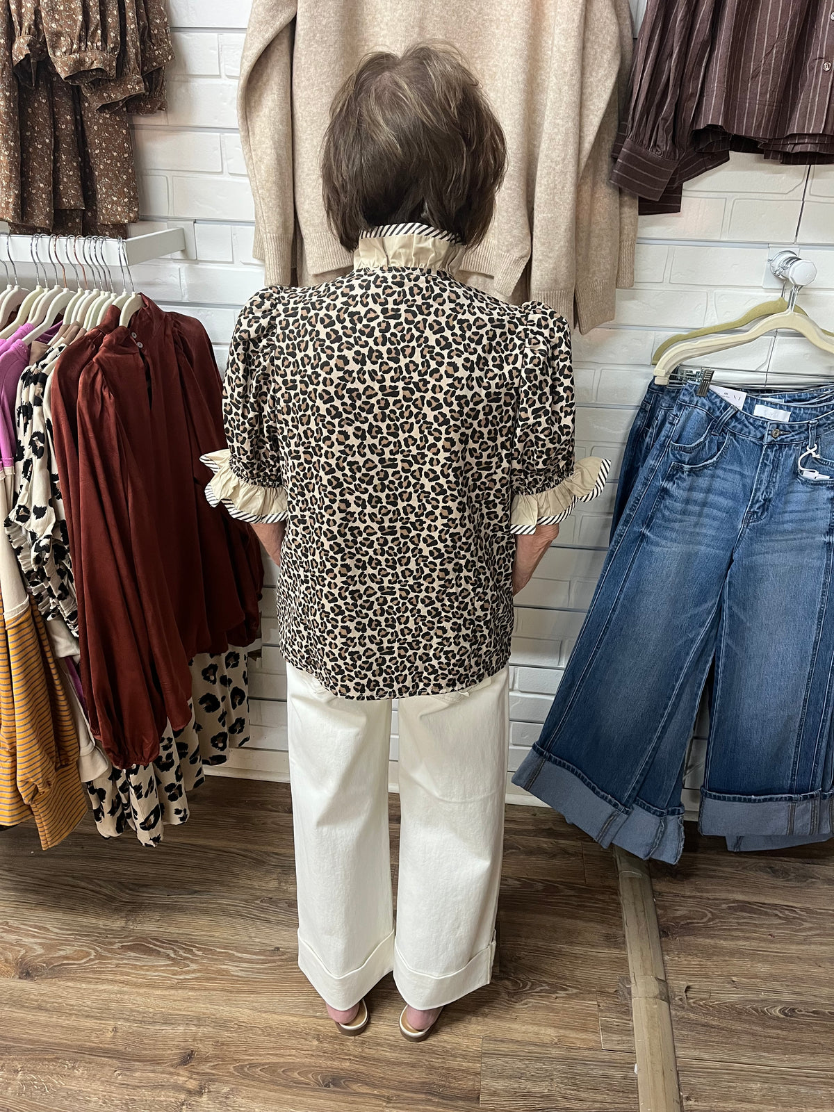 TAUPE LEOPARD RUFFLE NECK STRIPE TRIM TOP