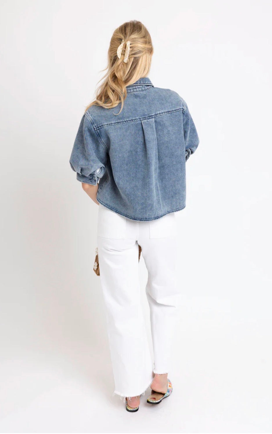 DENIM BUTTON PUFF SLV TOP